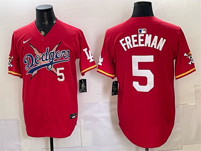 Men's Los Angeles Dodgers x One Piece #5 Freddie Freeman Red Vapor Premier Limited Stitched Baseball Jersey